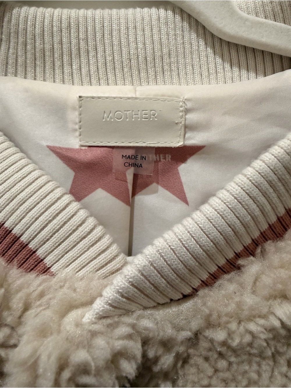 MOTHER Cream Sherpa Bomber Jacket with Pink-Striped Trim - Picture 2 of 7